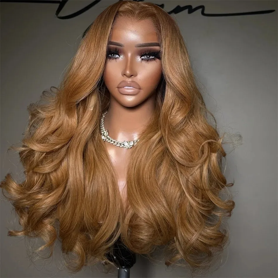 Honey Blonde Body Wave 13x4 HD Transparent Lace Frontal Wig Synthetic Heat Resistant Glueless Pre Plucked  Wig For Women