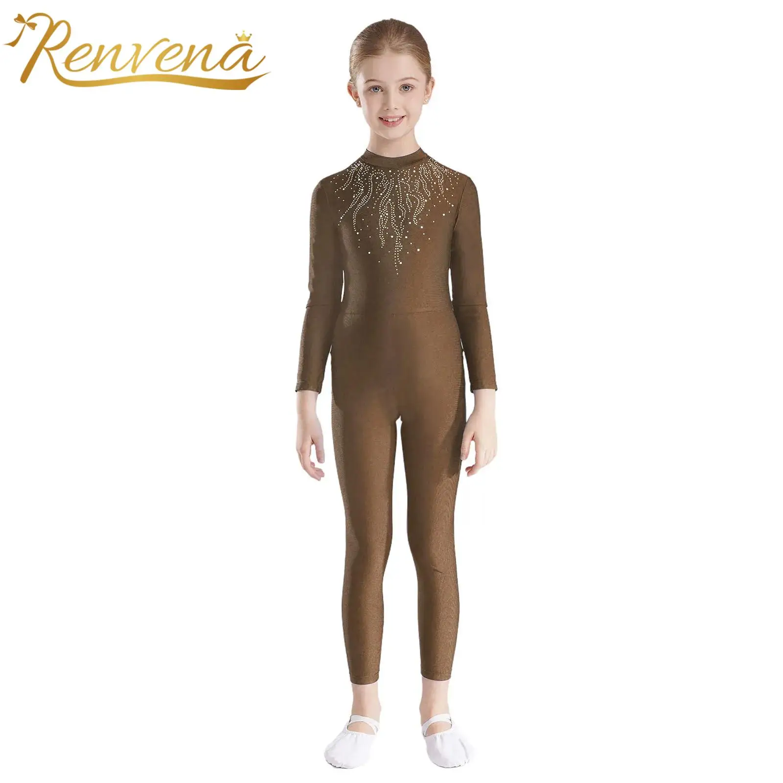

Kids Girls Rhinestones Bodysuit Teen Gymnastics Jumpsuit Keyhole Back Long Sleeve Dance Leotard Figure Skating Unitard Dancewear