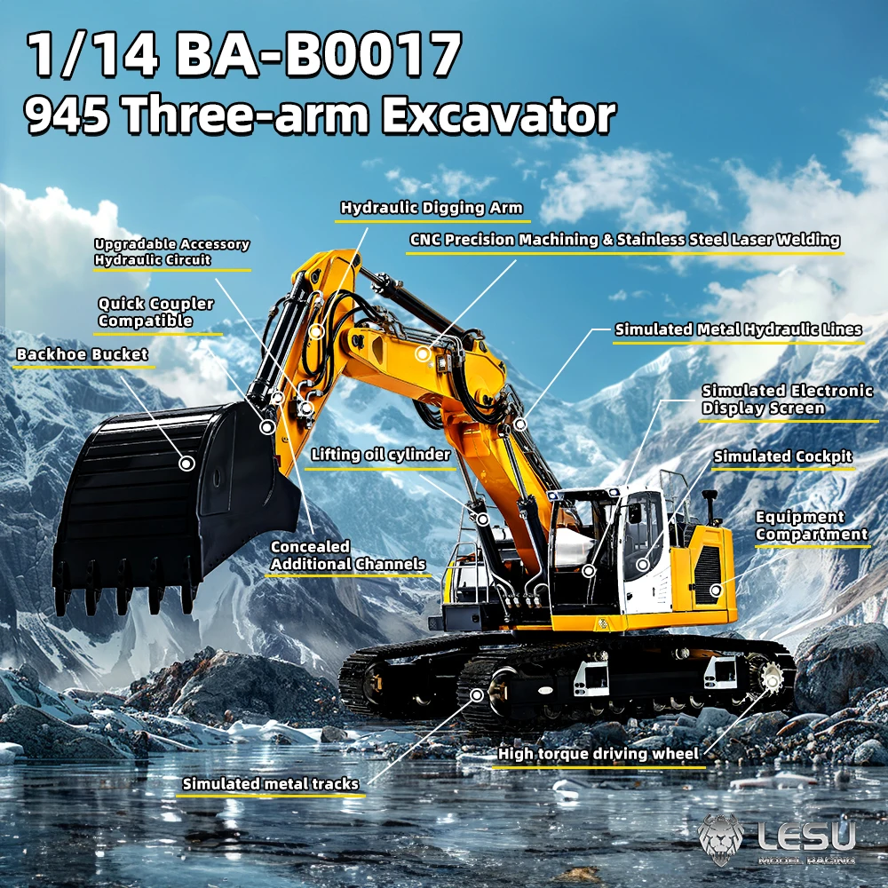 LESU LR945 RC 3 Sections Arm Excavator 1/14 Hydraulic Metal Digger with Light System Painted Assembled Heavy Machine Model Toy