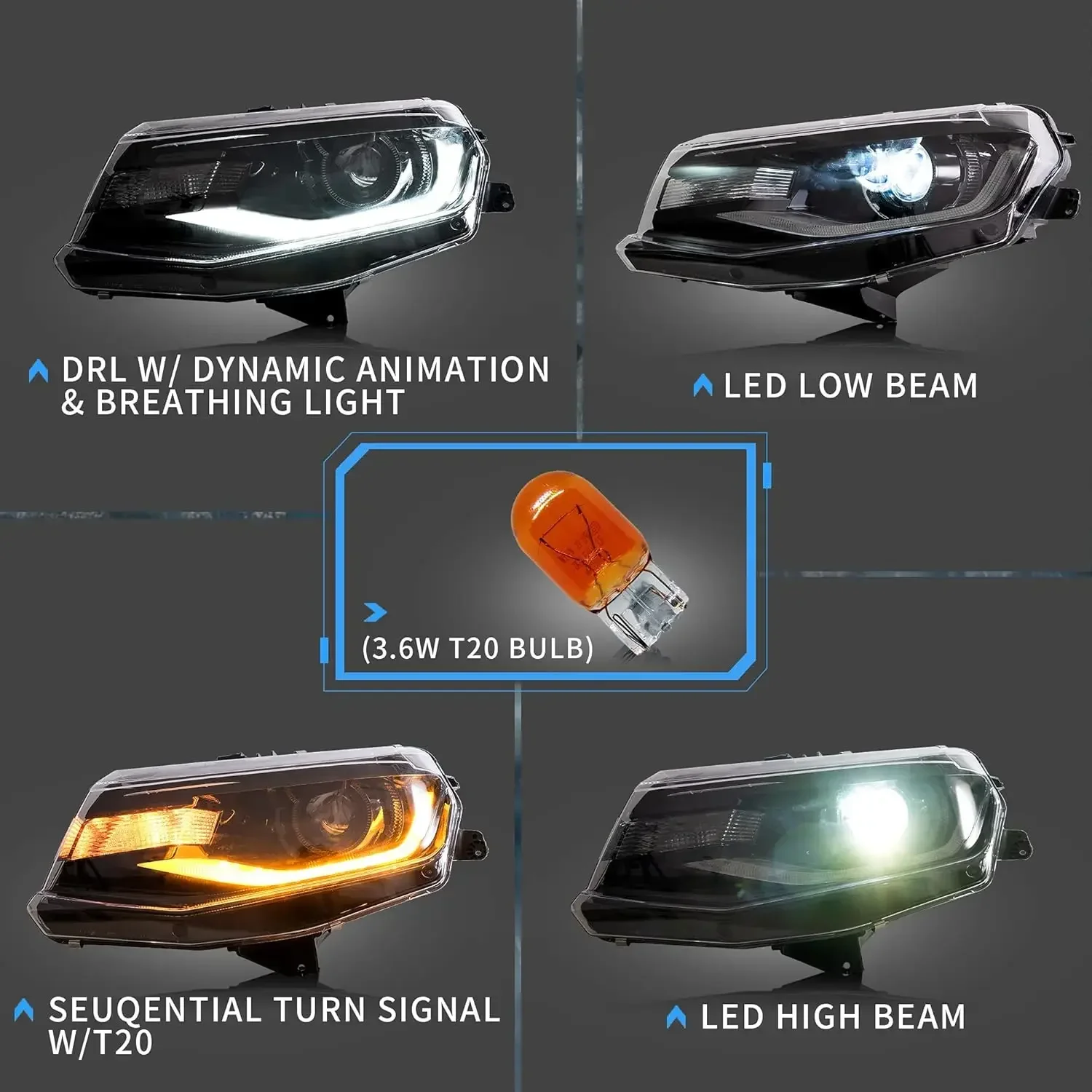 琥珀色のシーケンシャルウインカー付きLEDヘッドライト,シボレーカマロ2016-2018,lt,ss,rs,zl,ls,ダイナミックアニと互換性があります