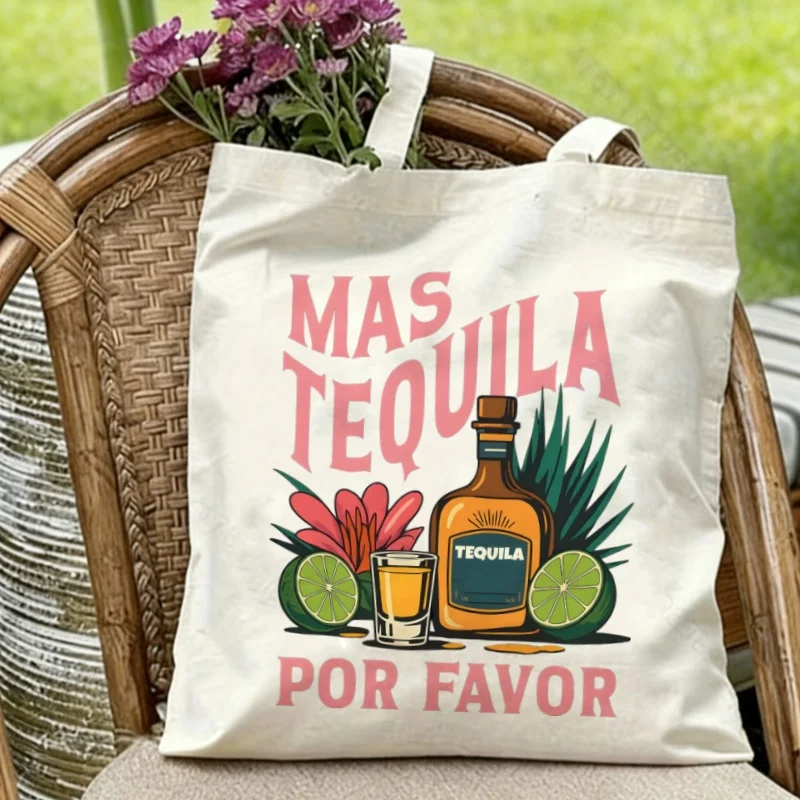 

1PC Funny Tequila Bottle with Lime "Mas Tequila" Canvas Tote Bag Cotton Tote for Fiesta & Summer Events