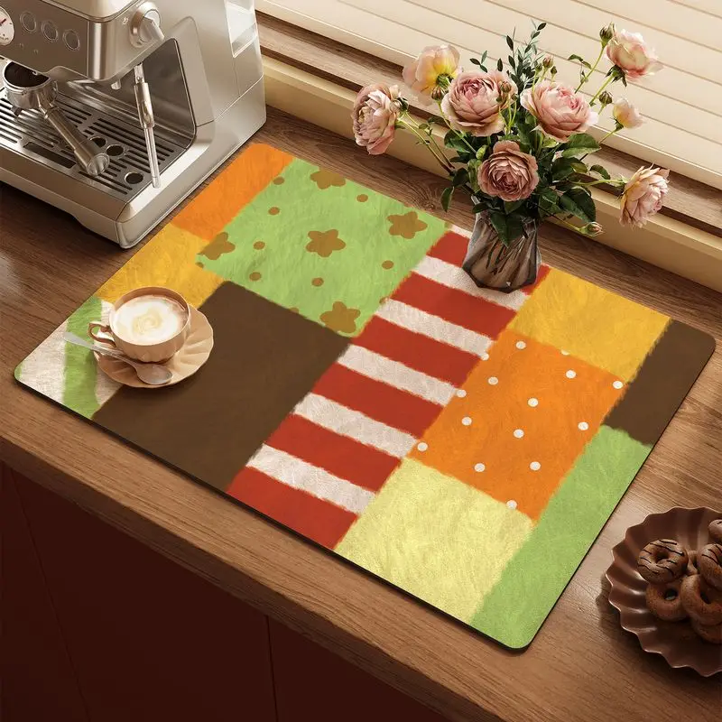 VIKAMA Retro Color Blocking Kitchen Drainage Mat, Anti-Slip Coffee Machine Tableware, Kitchen Countertop Protection Mat