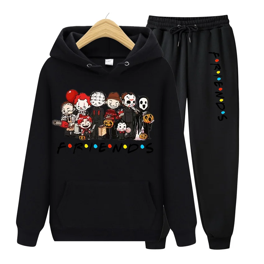 Men\'s Autumn And Winter Halloween Letter Printed Wool Hoodie+Pants Casual Set Fleece Warm Couple Harajuku Clothing Holiday Gift