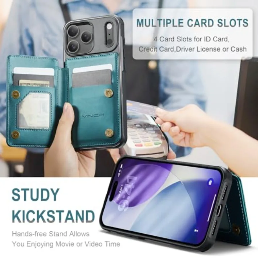 حافظة محفظة كلاسيكية باللون الأخضر الزرقاء مع فتحات بطاقة حجب RFID ومسند لهاتف iPhone 17 Pro 6.3 واقي مقاوم للصدمات C