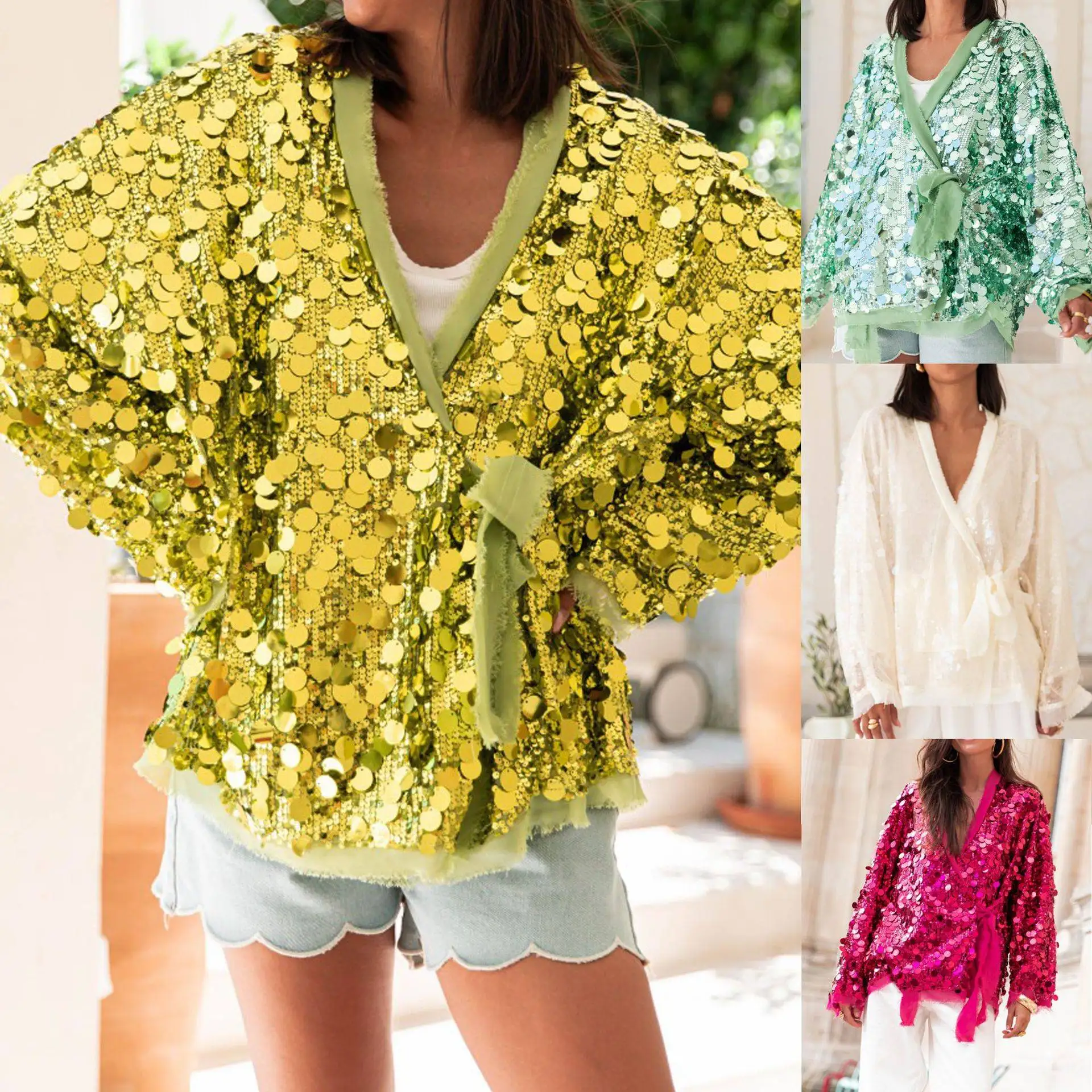

Fashionable Casual Loose Color Sequin Tie Belted Jacket SU4172 Polyester Long Sleeve Women's Spring Autumn Outerwear