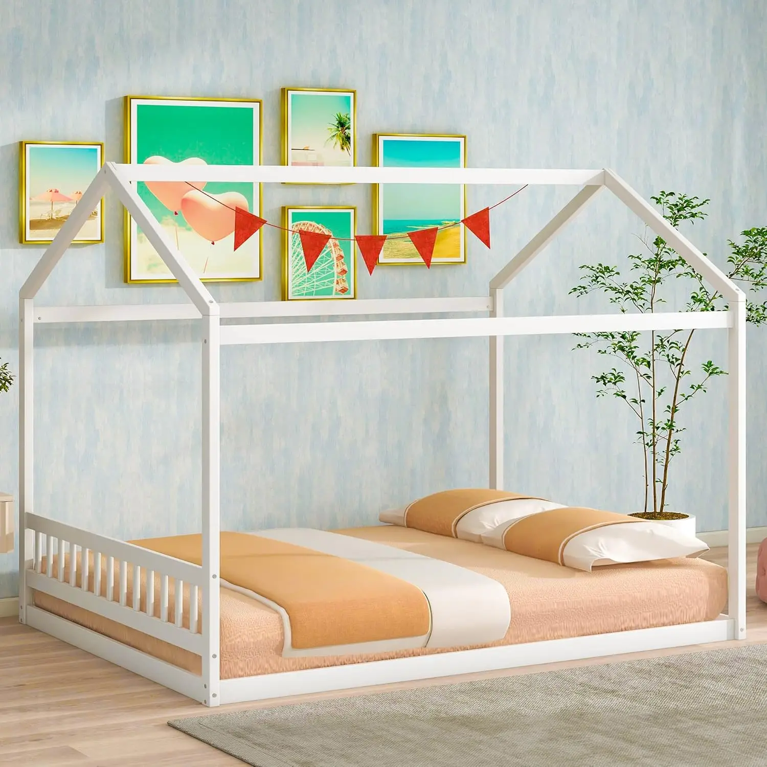 

Queen Size House Bed Frame with Headboard, Solid Wood Montessori Floor Bed with Roof for Boys, Girls,White, Customized