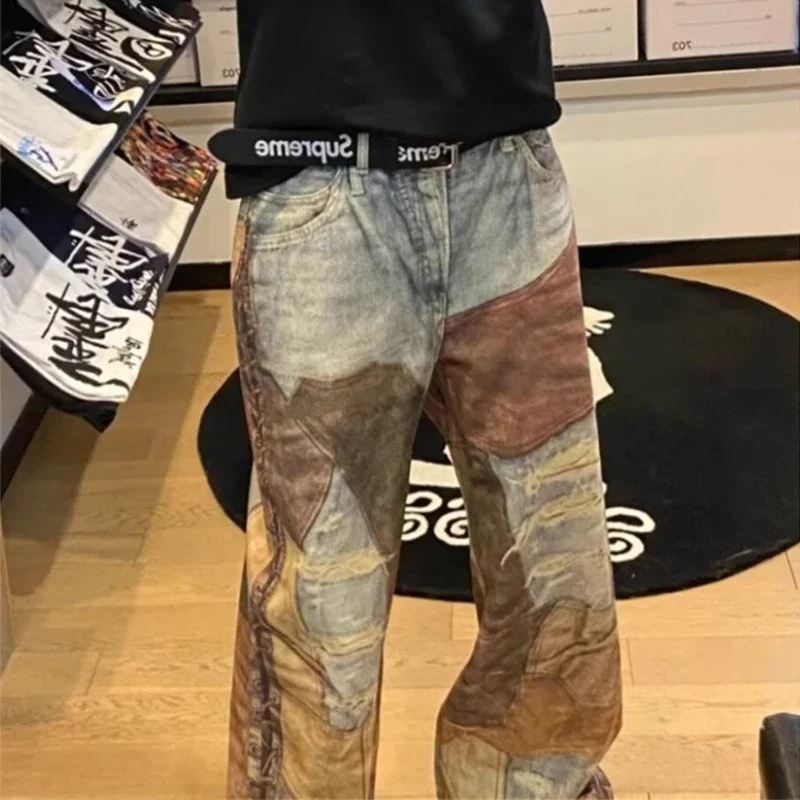 Autumn Retro 3D Printed Patchwork Baggy Jeans Men's Ripped Straight Wide-Leg Denim Trousers 2025 Y2K Streetwear Distressed Jean