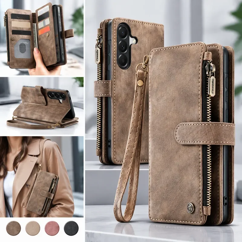 Zipper Leather Wallet Case for Samsung Galaxy A17 A18 A57 A56 A55 A54 A53 A37 A36 A35 A17 A16 A15 A14 A34 A33 Flip Card Holder