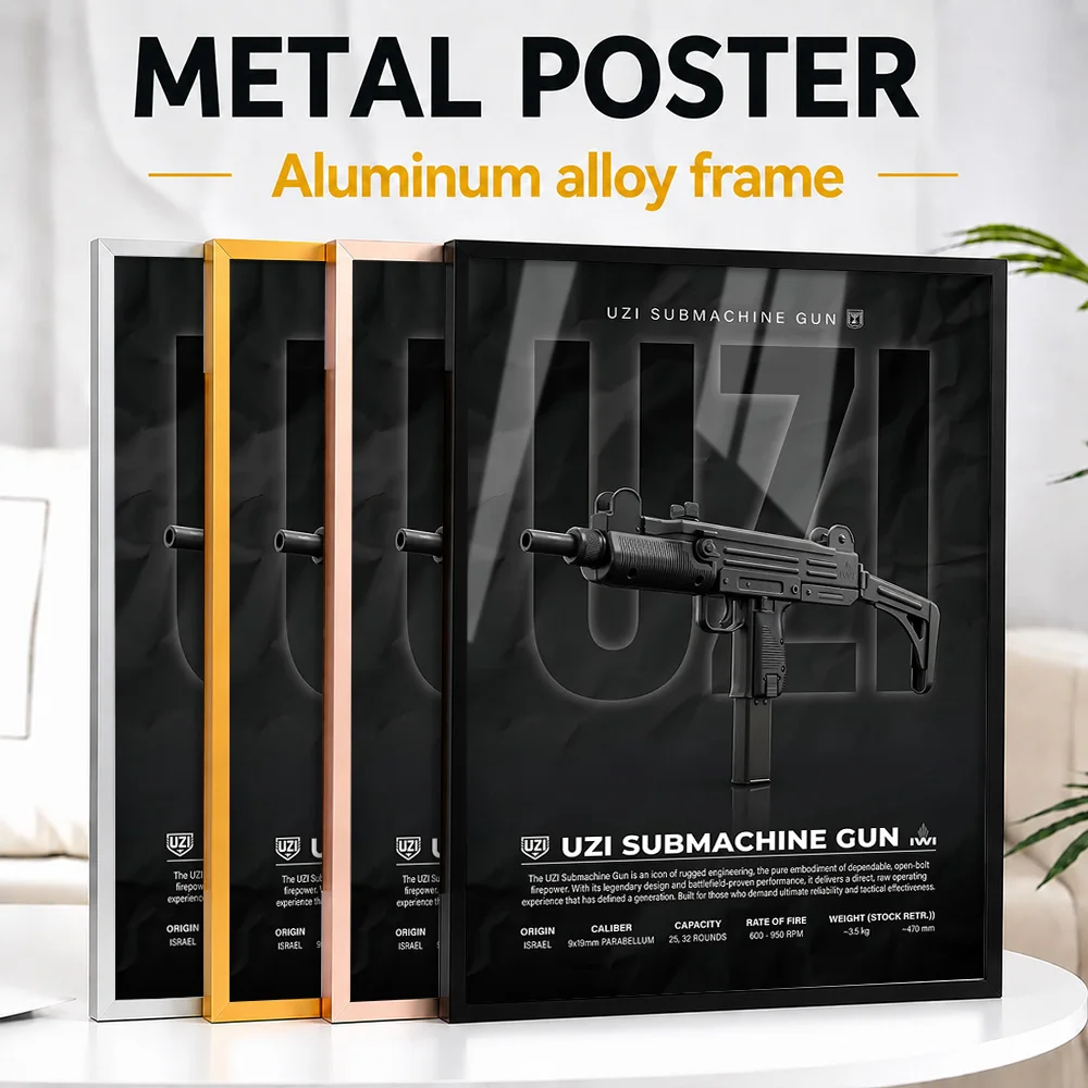 Black Uzi Submachine Gun Framed Metal Poster Customized Technical Graphic Wall Art For Study, Military History Enthusiast Gift