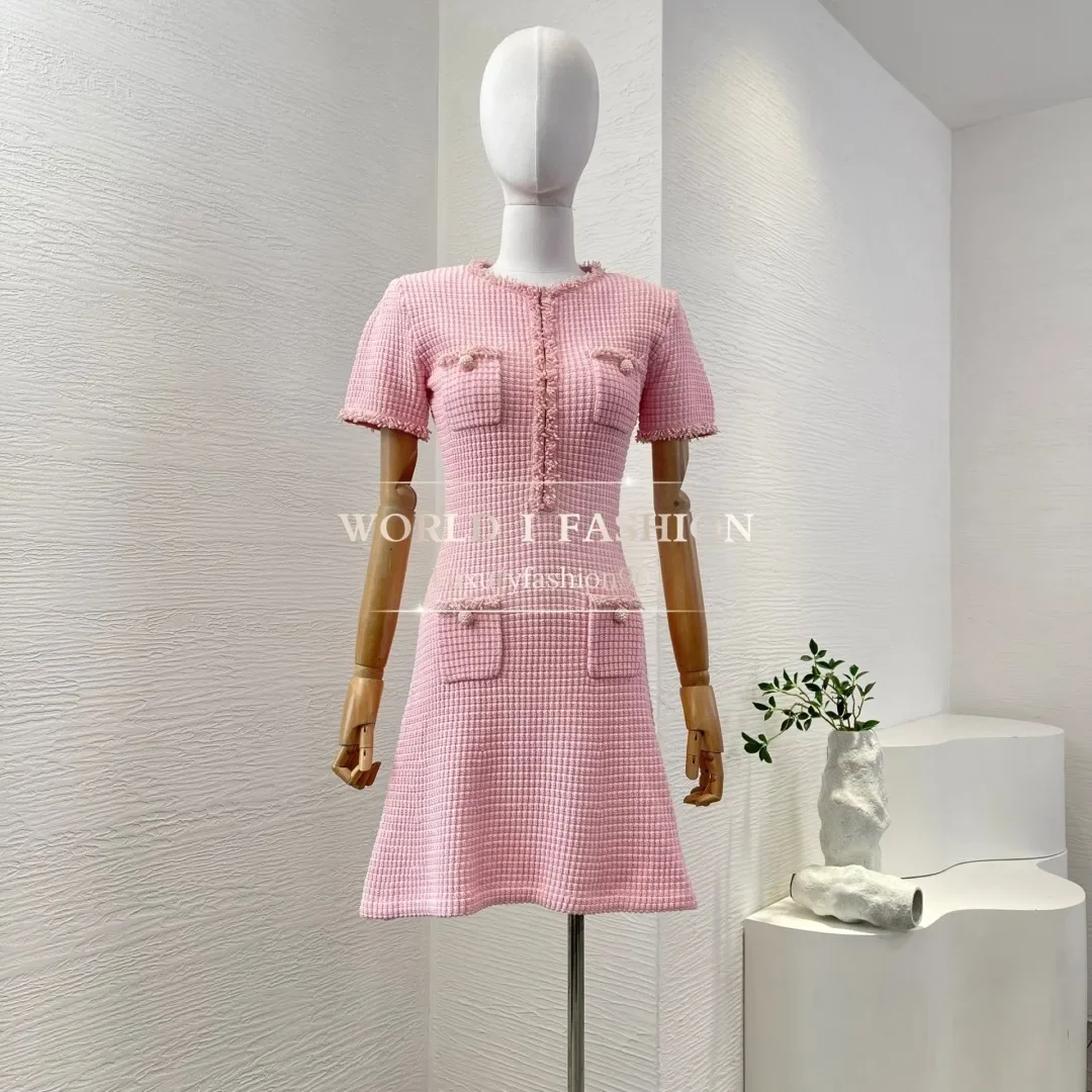

2024 High Quality Pink Short Sleeve Beading Crimping Mini Dress