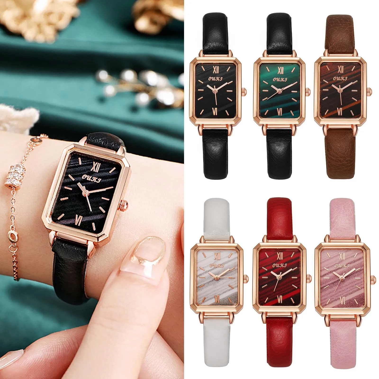Trendy Ladies Retro Square Quartz Watch Black Leather Strap Watch Rose Gold Frame Roman Numerals Stylish Fashion Wristwatch