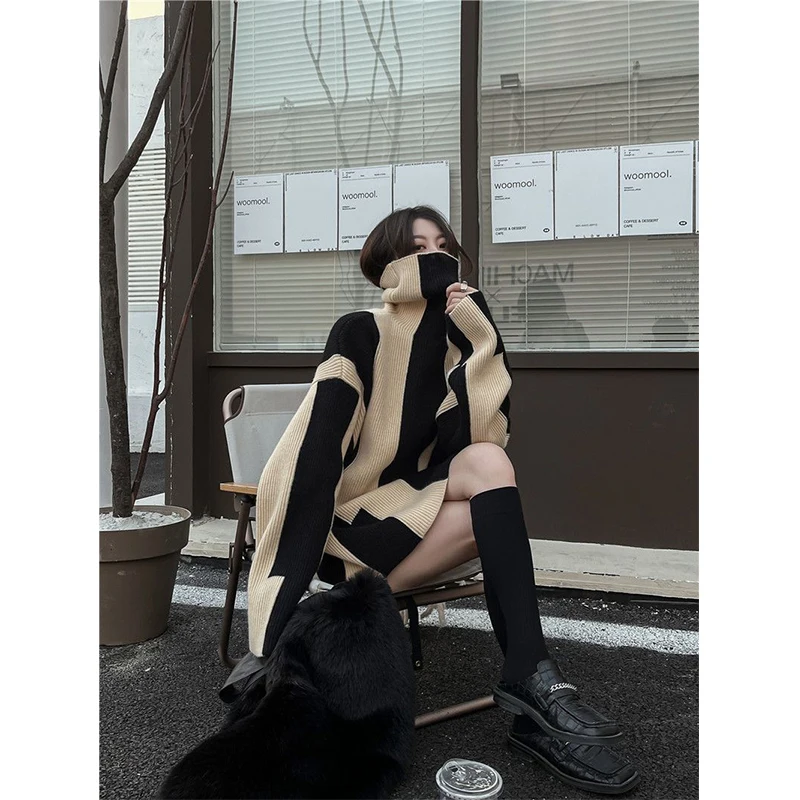 Vintage Striped Sweater Women Turtleneck Patchwork Knitted Pullovers Korean Elegant Oversized Irregular Knitwear Casual Jumpers