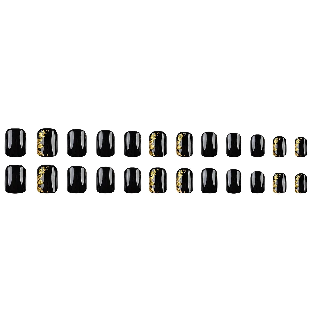 24pc Short Press on Nails Black Gold Foil Fake Nail French Ballerina False Nails Full Over Detachable DIY Manicure Nail Art Tips