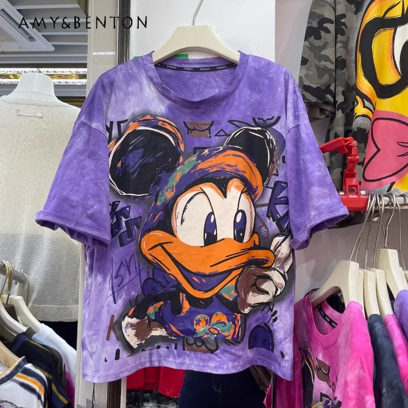 

2025 Summer New Cool Heavy Industry Cartoon Design Short-sleeved T-shirt Women's Loose Casual Versatile Sweet Cute Top Y2k Tees
