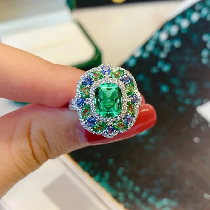 New 100% S925 sterling silver secret garden green tourmaline fashionable women's high-end ring wedding jewelry