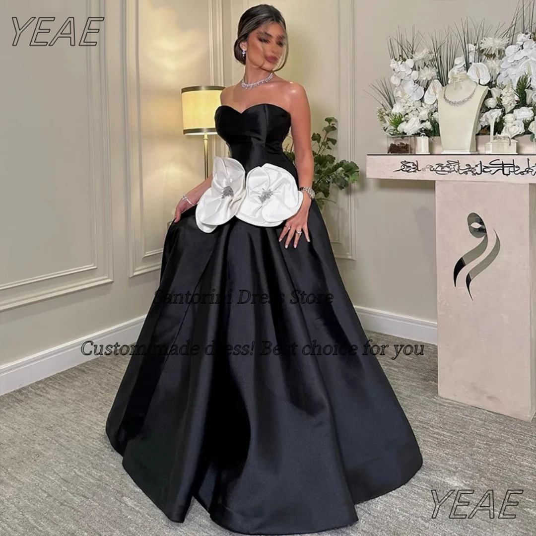 

Santorini Black Satin Long Ruched A Line Prom Dresses Sweetheart White Big Flowers Sash Evening Party Women Wear Formal Gowns