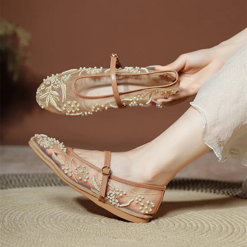 Embroidery String Bead Mesh Ballet Flats Women Fashion White Pearl Mary Jane Shoes Light Summer Flats Elegant Cozy Flat Sandals image 6
