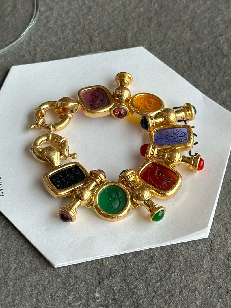 Brass Statement Chunky Colorful Retro Beads Bracelet Women Jewelry Designer T Show Runway Gown Rare INS Japan Korean Trendy