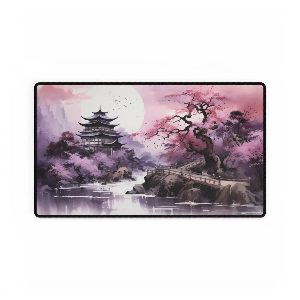 Watercolor Cherry Blossom Pagoda Large Playmat Pink Purple Moon River Non-Slip Desk Mat for TCG Card Game Esports Office Gift