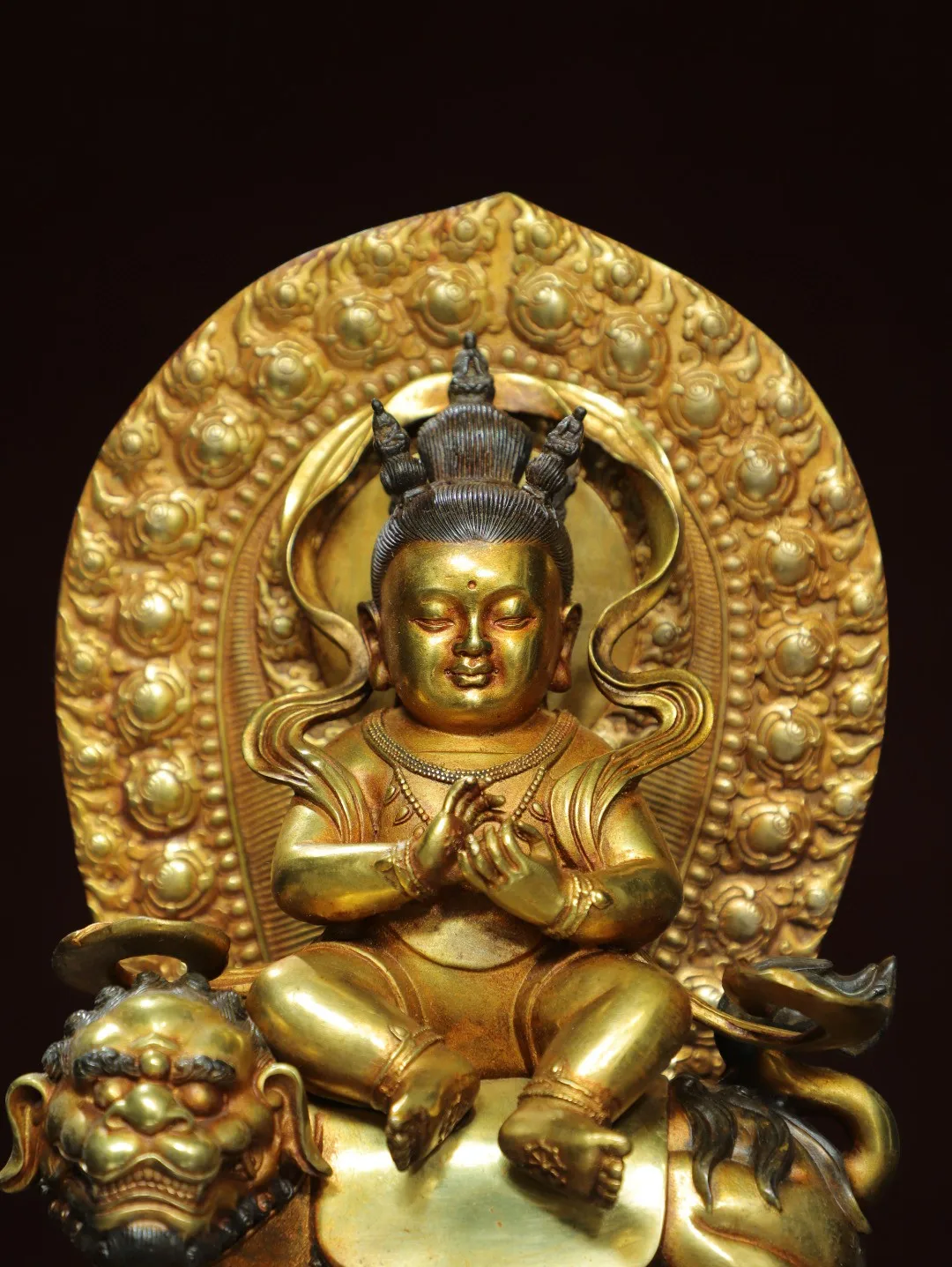 Tibetan Brass Gilt Q Edition Split Manjushri Bodhisattva Riding a Lion Seat Prince Tara Ornament Home Hall Supplies 24