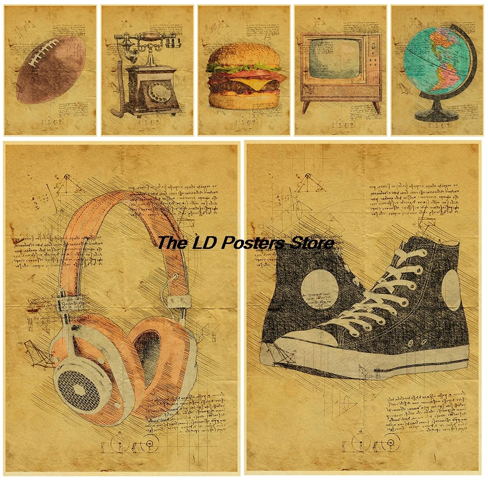 

Vintage Items Painting Kraft Paper Posters Nostalgia Vintage Sticker For Bar Living Room Decor High Quality Print Gift Poster