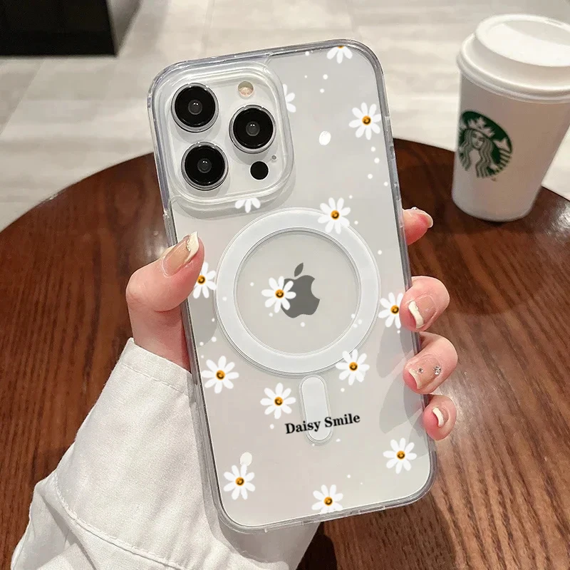 Funda de silicona transparente Fashion Daisy para iPhone 15 14 13 Pro 12 11 16 17 Pro Max, a prueba de golpes, compatible con Magsafe, TPU