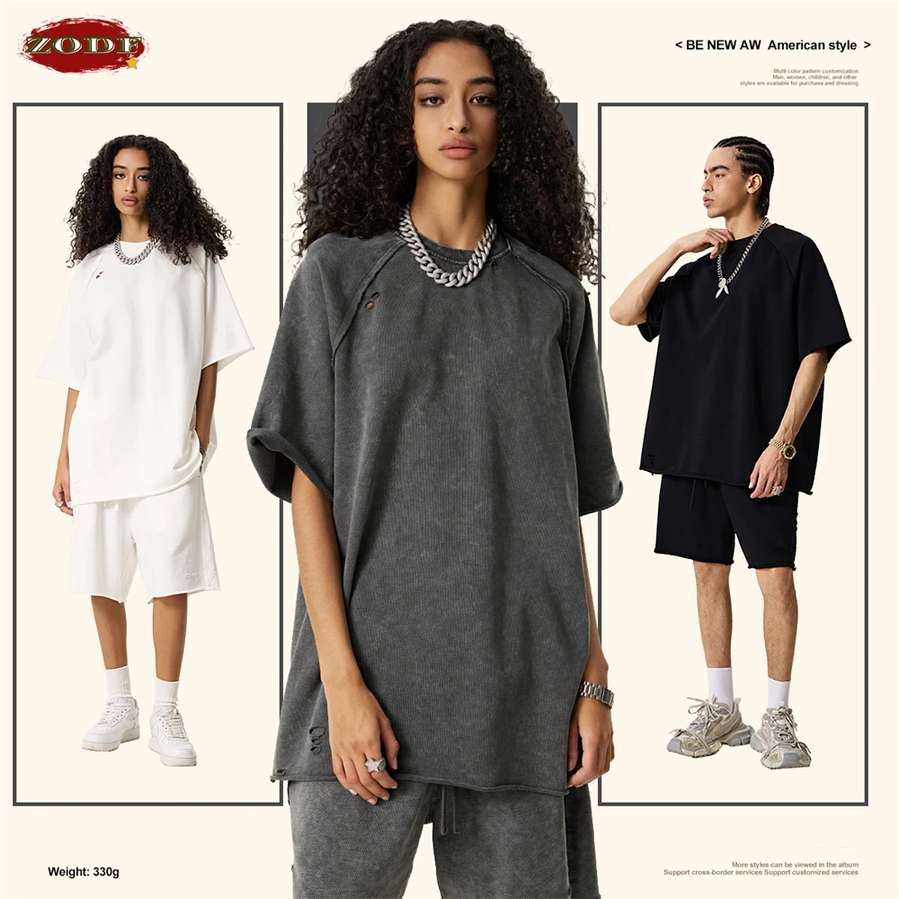 ZODF 2025 Men Summer Heavy Weight Washed 330gsm Cotton T-shirt Unisex High Street Distressed Holes Oversized T Shirts Tee HY0984 view 3