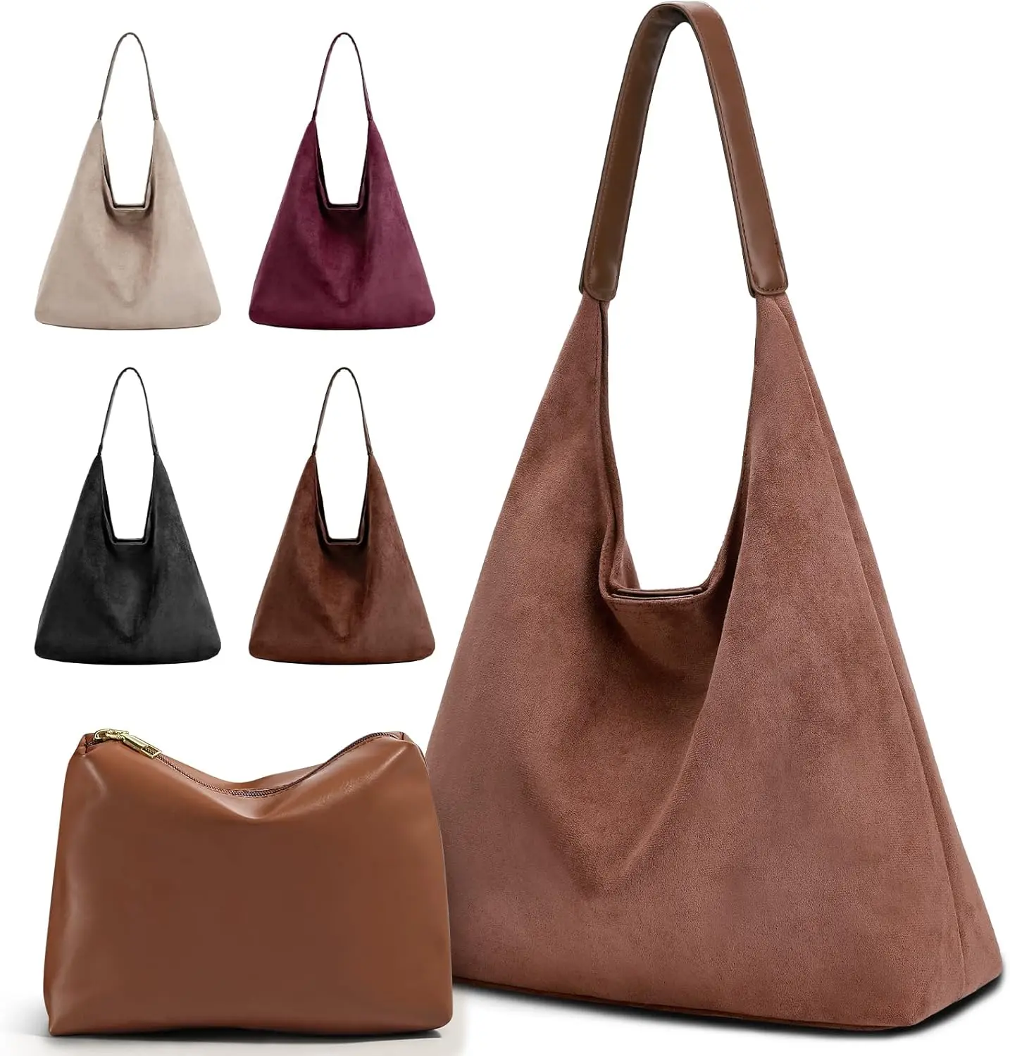 Suede Tote Bag Woman Vintage Large Capacity with Zippered Cosmetic Organizer, Slochy Hobo Tote Bag, Underarm Bag