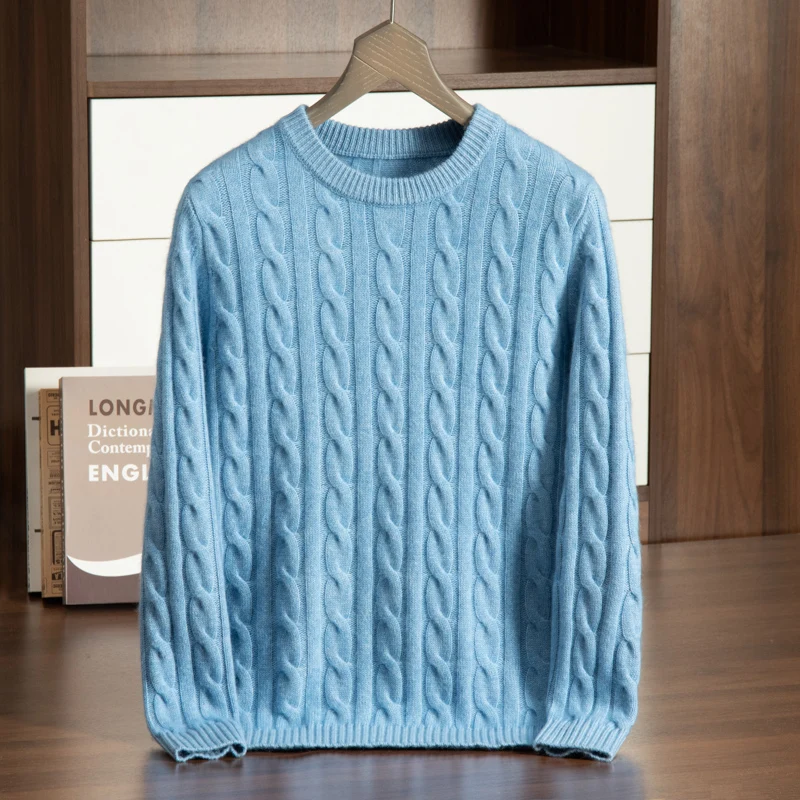 Class A 100% Pure Cashmere Sweater Men's Round Neck Pullover Casual Twisted Flower Knit Bottom Sweater Thick In Autumn Winter