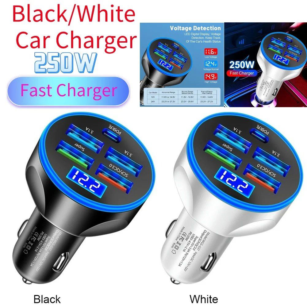 

Автомобильное зарядное устройство типа C, 250 Вт, 5 портов, быстрая зарядка PD QC3.0, USB C, автомобильное зарядное устройство для телефона, адаптер в автомобиле для iphone Samsung Huawei Xiaomii