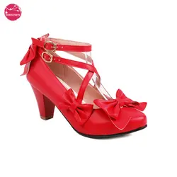 Japanese Lolita Party Classic Mary Jane Shoes Criss Cross Strap Ankle Buckle High Heels Sweet Bow Dress Pumps Plus Size 48