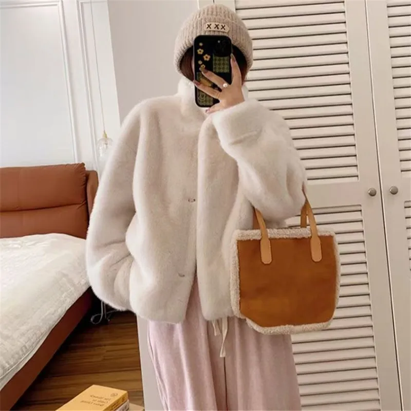 Faux Mink Fur Coat for Women,Covered Button Jacket,O-Neck Outwear,Thick Furry, Autumn and Winter,New,2024