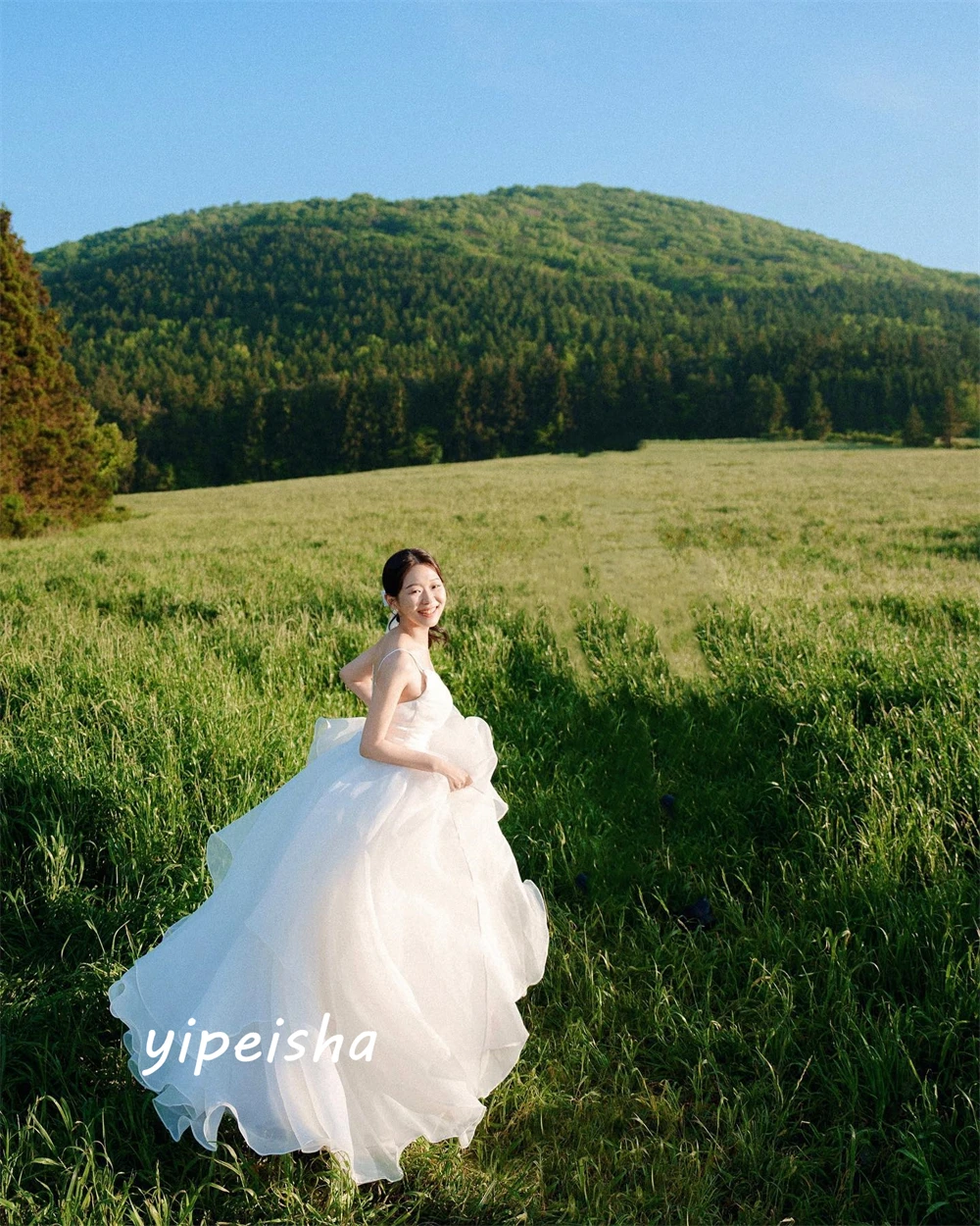 Korea Eenvoudige Elegante Spaghettibandje Baljurk Trouwfeest Vloerlengte Rokken Organza Avondjurken