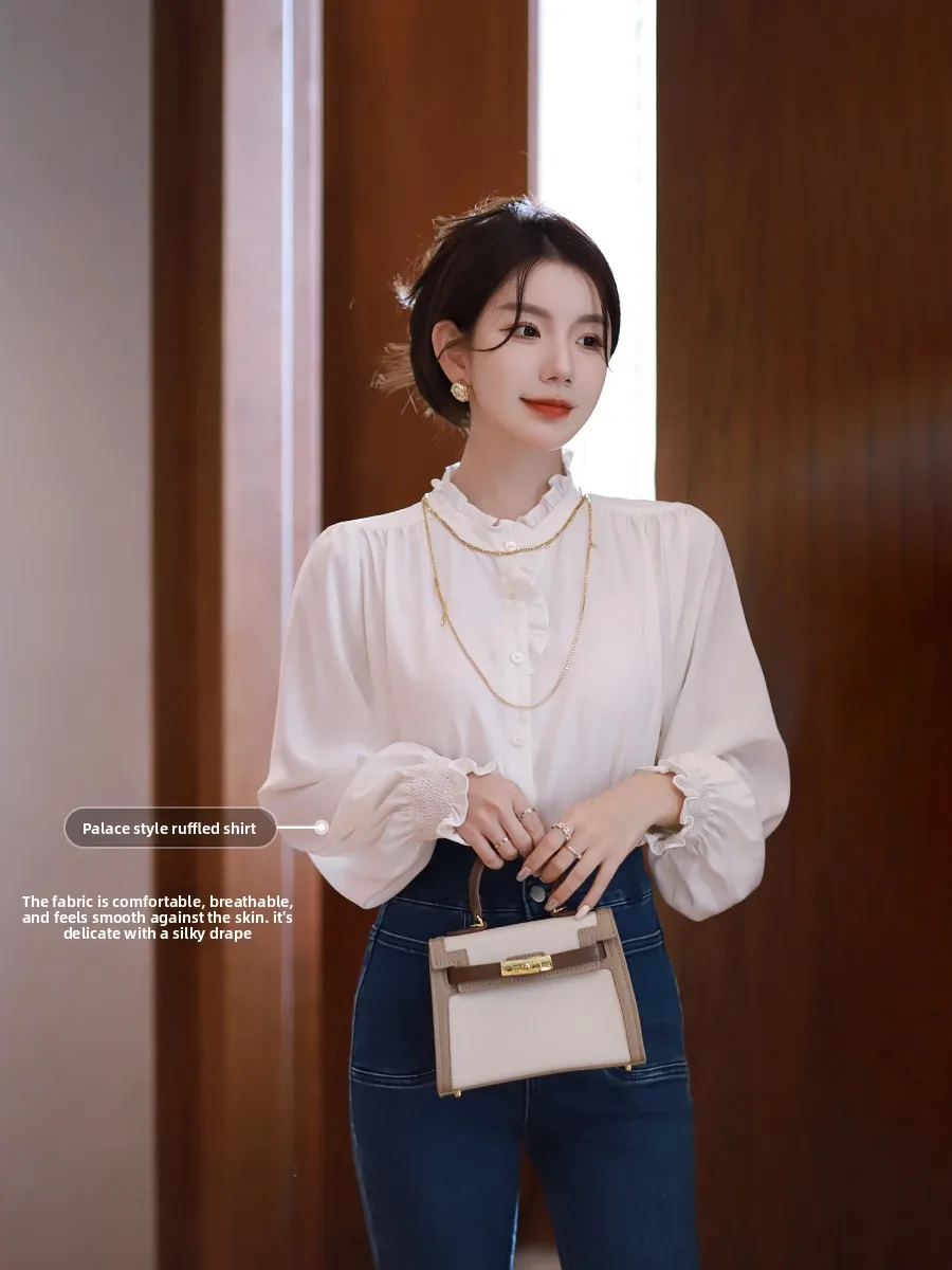 

Ele Ретро Long Sve White irt Женская юбка с воротником-стойкой Дизайн дышащего полиэфирного волокна Весенне-осенний топ