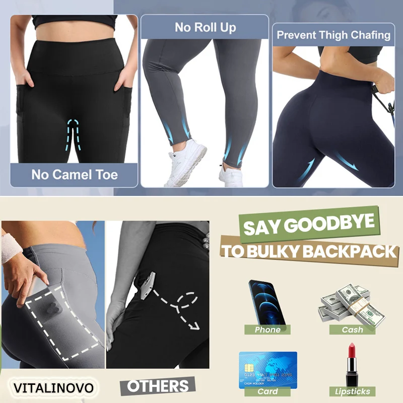 VITALINOVO Plus Size Leggings with Pockets for Women High Waisted Tummy Control Soft Stretchy Yoga Pants for Workout Running