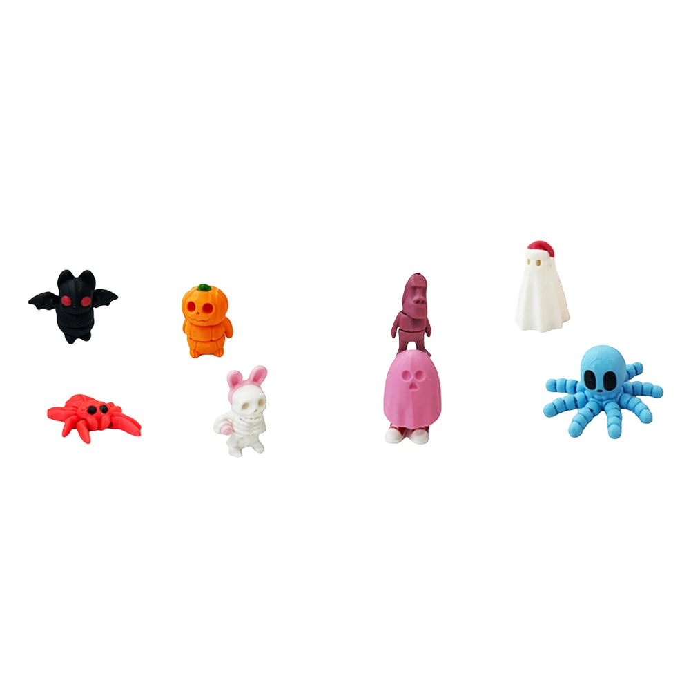 8pcs 3D Printed Mini Animals Set with Container Halloween Toys Pumpkin Bat Spider Skeleton Man Statue for Halloween Decorations
