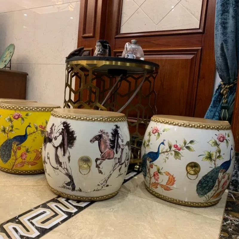 Leather Drum Stool with Hand-Painted Design Solid Wood Embroidery Footstool Chinese Style Stool Retro Low Seat Round Ottoman