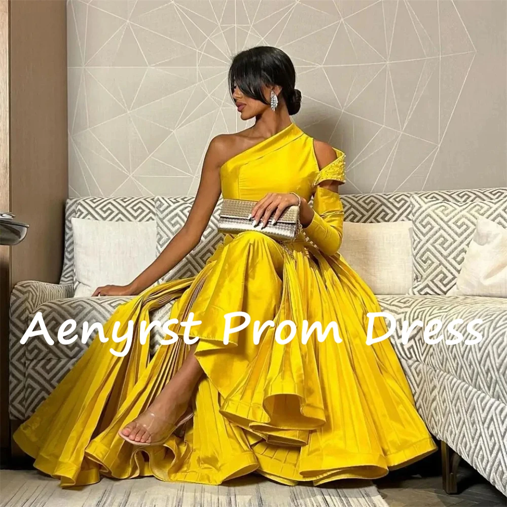 Aenyrst-vestido de noche amarillo de un hombro, traje de sirena de Arabia Saudita, satén drapeado, para baile de graduación, hasta el tobillo, Formal, para ocasiones