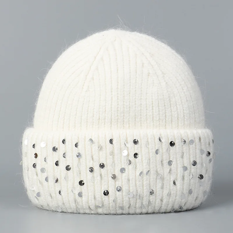 Fashion Hat Round Sequins Winter Warm Beanies Angora Rabbit Fur Hats For Women Knitted Female Hats High Quality Cap y2k