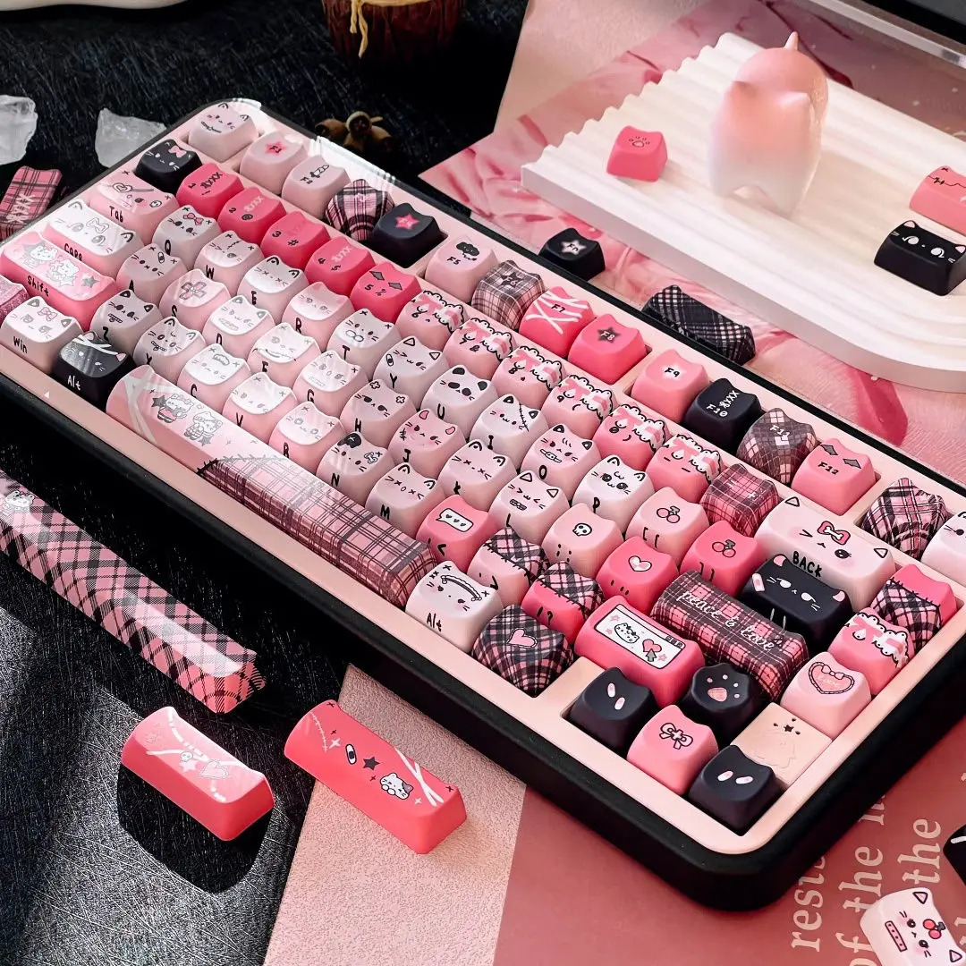 Black Pink Cat Keycap Mao/Cherry Pbt Side Carving Cute Keycap 130Keys 7U Split Space Layout Black Pink Checkered Keycaps