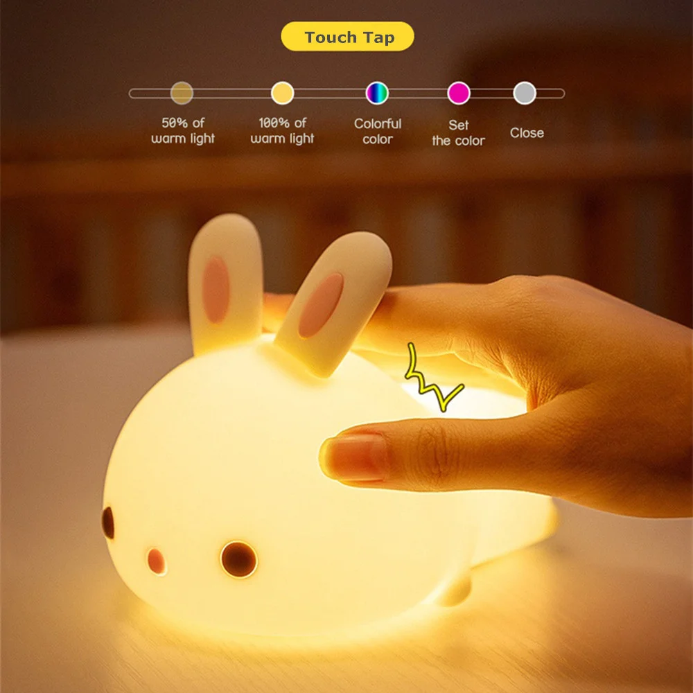 Luz LED nocturna de conejo RGB con Sensor táctil, lámpara de conejito de silicona recargable por USB de 16 colores para niños, juguete para bebé, regalo de Festival