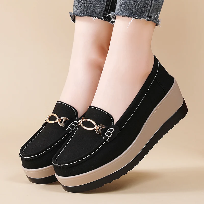 Women Flat Platform Loafers Ladies Elegant Suede Leather Moccasins Shoes Woman Slip On Moccasin Women's Black Casual Shoes