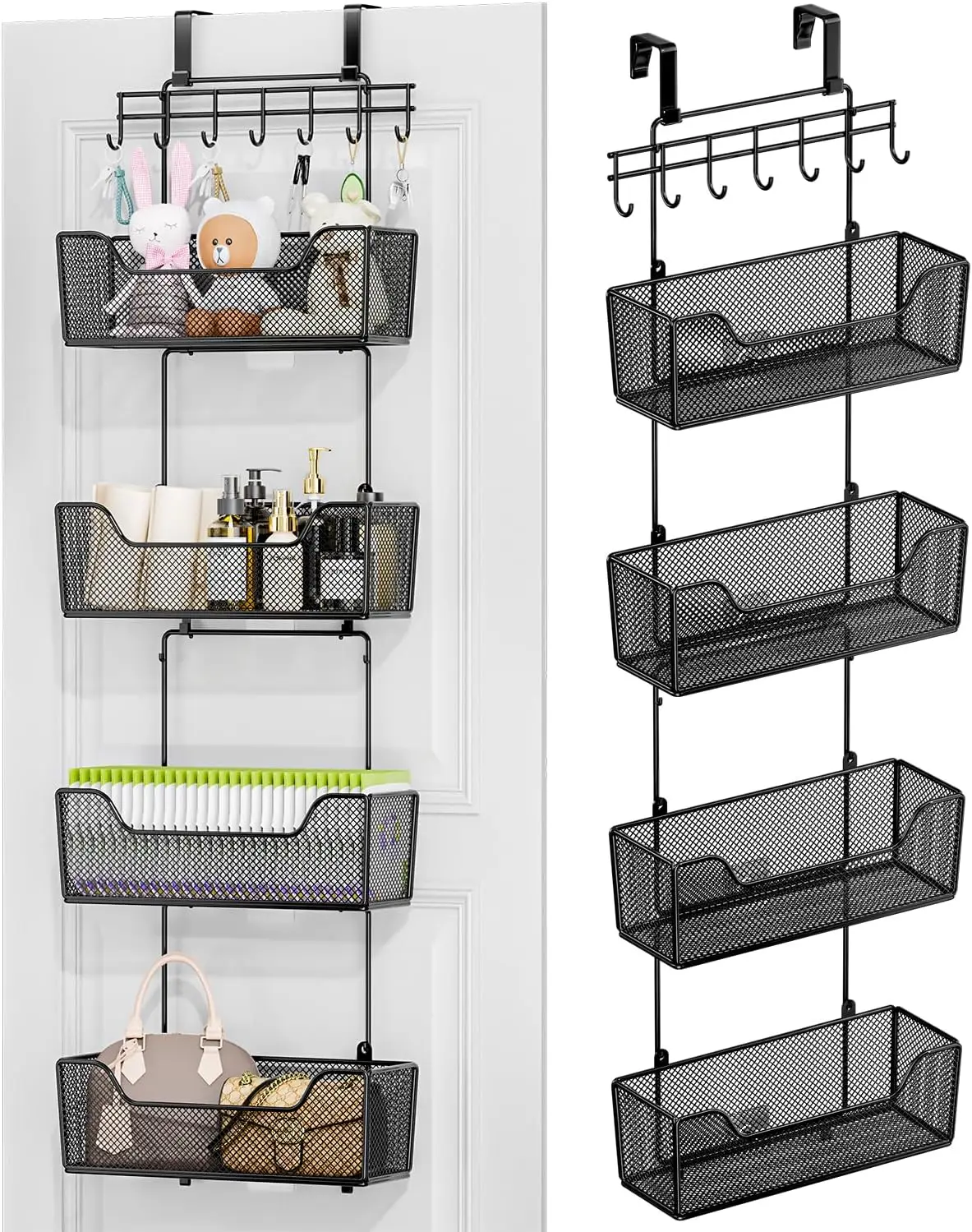 

Over The Door Organizer - Hanging Door Organizer with 4 Metal Large Capacity Baskets and Adjustable Coat Hook for Bathroom Be