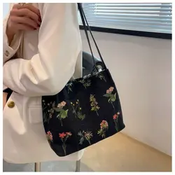 JIAERDI Floral Embroidery Black Shoulder Bags Women Vintage Casual Canvas Bag Purses Female Fairycore Harajuku Aesthetic Handbag