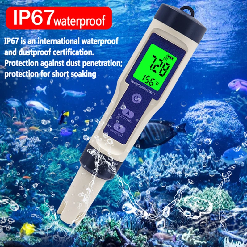 5 in 1 Water Quality Tester TDS Temp EC PH Salinity Meter LCD Display Aquarium Drinking Water Quality Monitor Hydroponics Tester