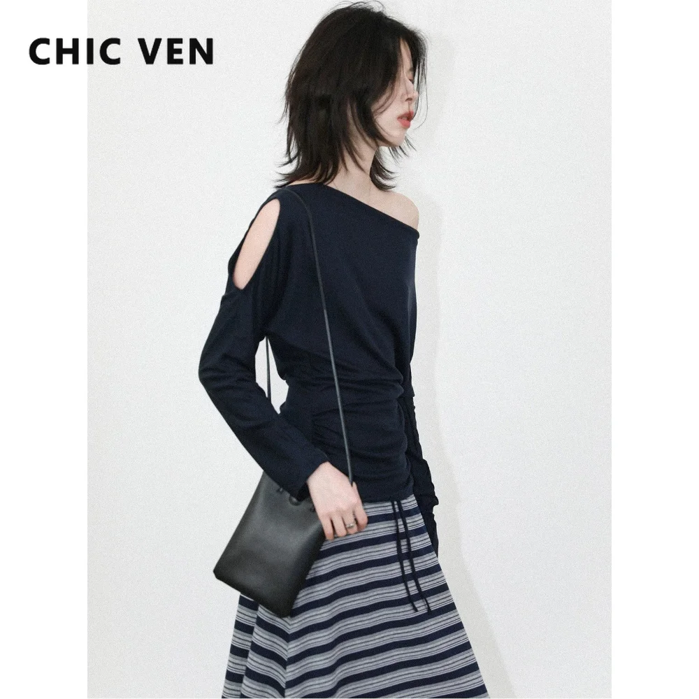 CHIC VEN Damen-Kleidungsset, Lässig, mit schrägen Schultern, Plissiertes Langarm-T-Shirt, Rock mit Kordelzug und Streifen, Frühling/Herbst 2026