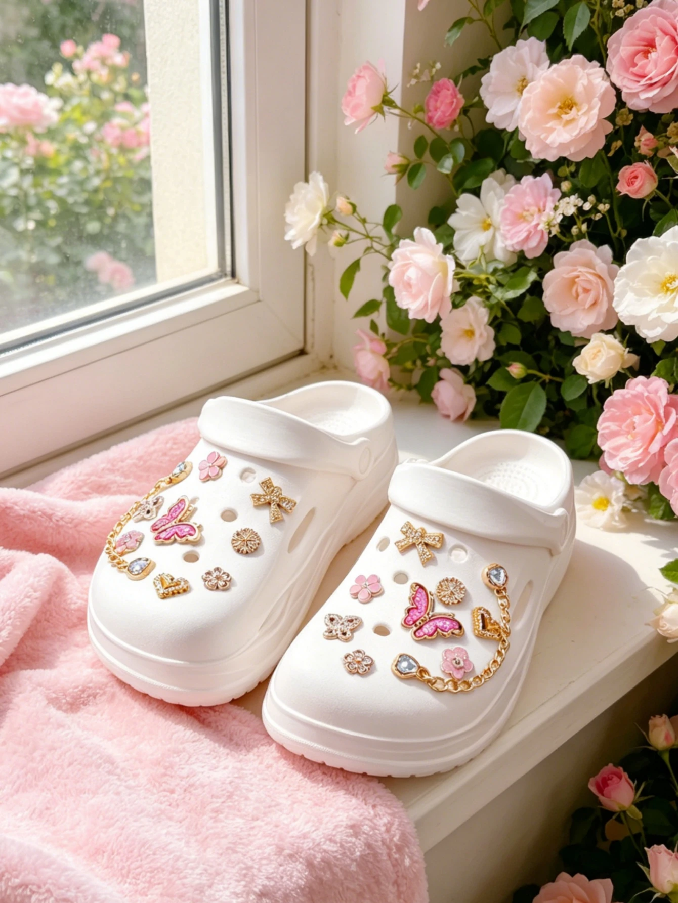 18pcs Fashion Pink Chain Rhinestone Butterfly Bow Heart ABS Shoe Charms, Detachable DIY Clog Sandal Decorations. Versatile Shoe