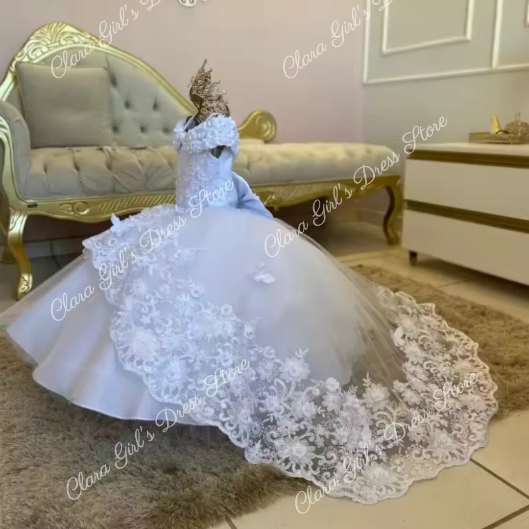 White Pearl Flower Girl Dress Wedding Puffy Sleeveless Princess Dress Suitable for Birthday Parties Christmas  First Communion