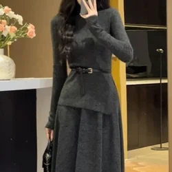 Grey Korean Style Women's Crochet Dresses Black Full Sleeve Aesthetic Kpop Elegant Luxury Y2k Harajuku Chic G Female Knit Dress