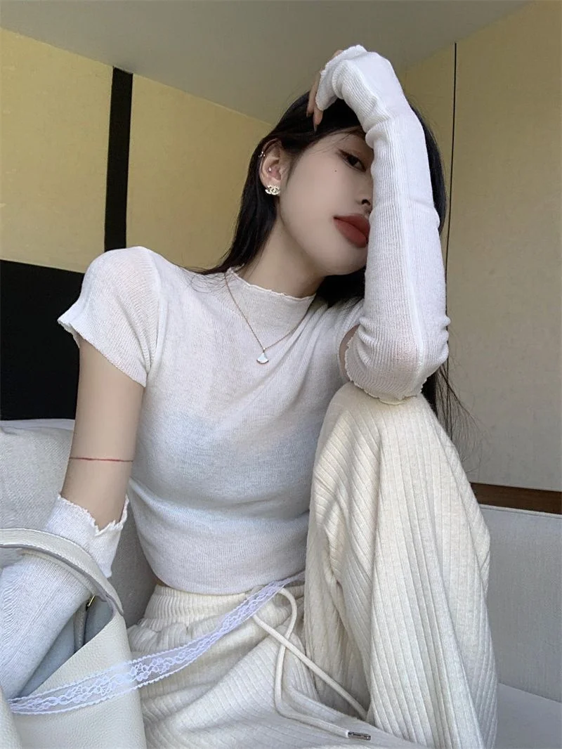 

Detachable Sleeve Knitted Sweater Women Pullovers Hip Hop Autumn Crew Neck Patchwork Detail Knitthing Ruffle Trimmed Versatile